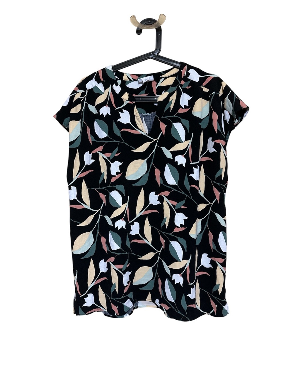 Liz Claiborne Black Floral Leaf Print Short Sleeve Top